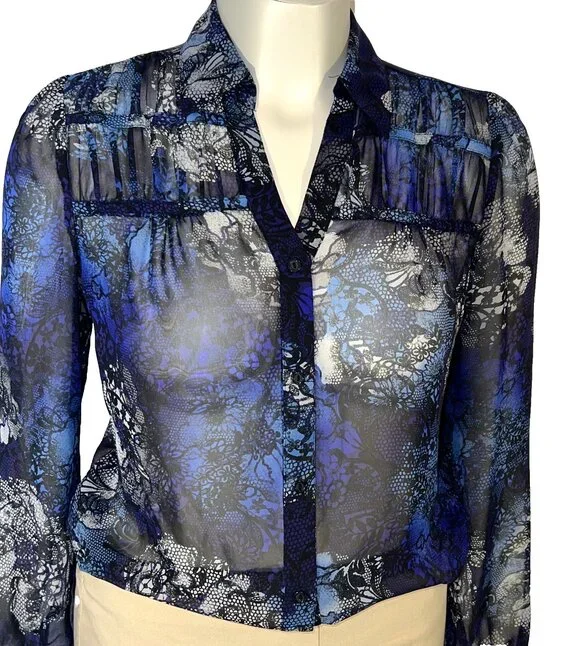 East 5th Blouse Button Up Womens L Semi Sheer Black Blue Abstract Long Sleeve - Picture 9 of 13